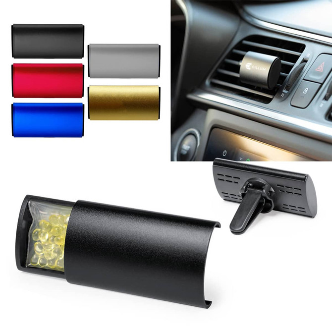A set of Arlo Car Air Fresheners in various colours: black, red, blue, silver, and gold, with a mounting clip.