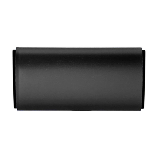 A black car air freshener with a sleek cylindrical design and a logo.