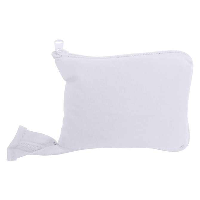 A white foldable calico bag with a zipper and a pouch for storage, featuring a logo on its surface.