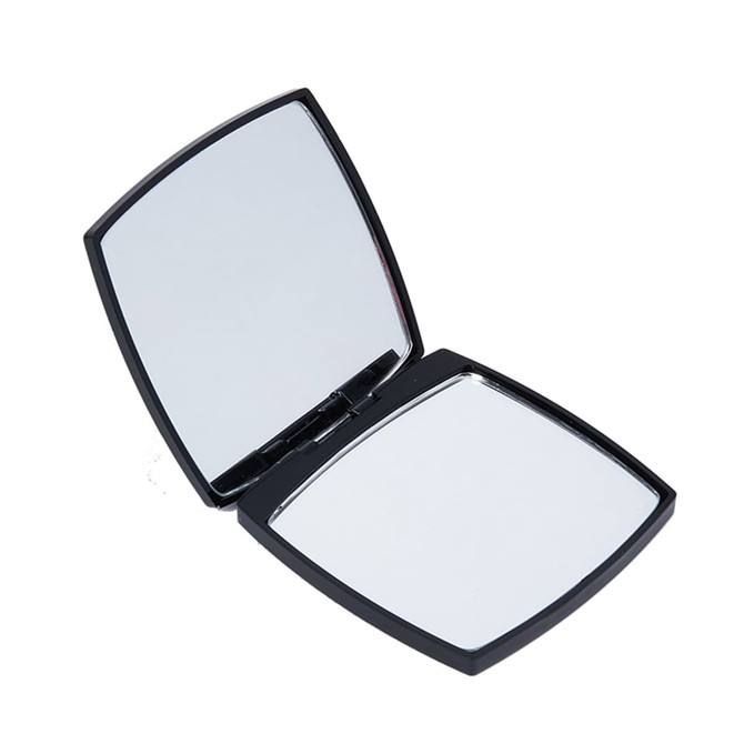 A compact mirror in a sleek black case, featuring two reflective surfaces inside.