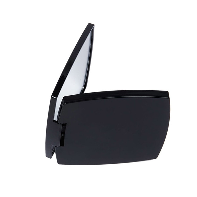 A compact mirror in sleek black, featuring a reflective interior and a glossy exterior. It also has a logo on the surface.
