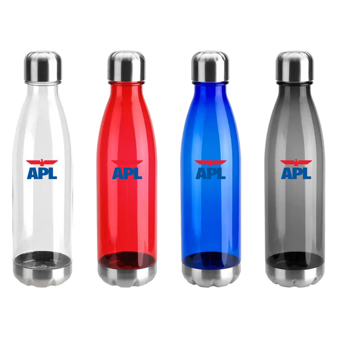 A drink bottle collection featuring clear, red, blue, and grey options, each with a metallic lid and logo.