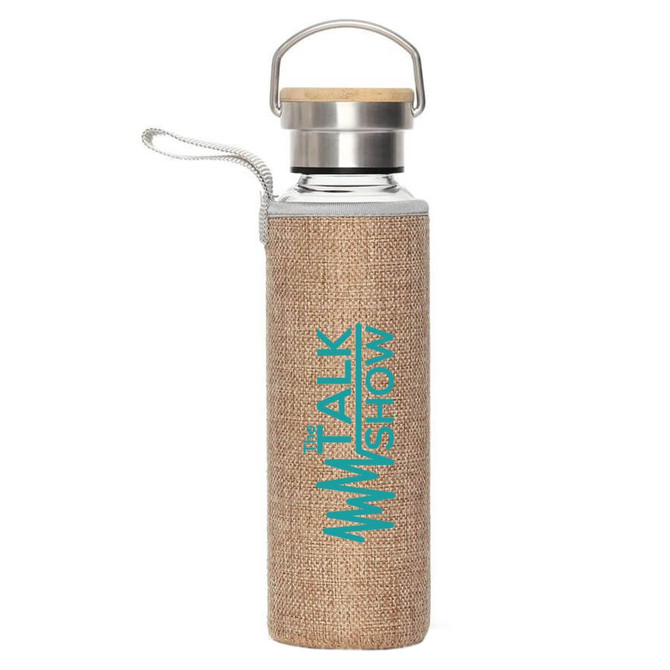 A drink bottle with a stainless steel top, natural bamboo lid, and a brown fabric sleeve. It features a logo.