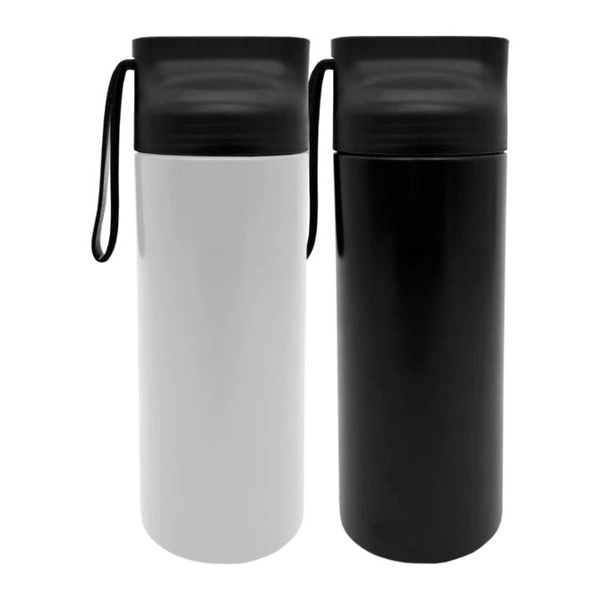 A drink bottle set featuring a white and a black bottle, each with a sleek design and a carrying strap.