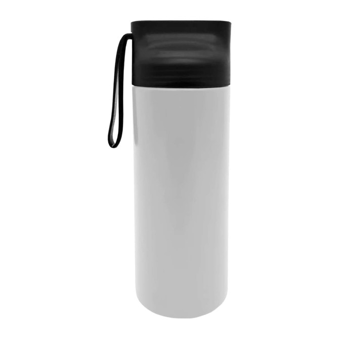 A drink bottle in white with a black lid and strap, featuring a logo.