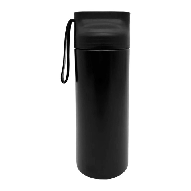 A drink bottle in sleek black with a removable lid and a convenient carrying strap. Features a logo.
