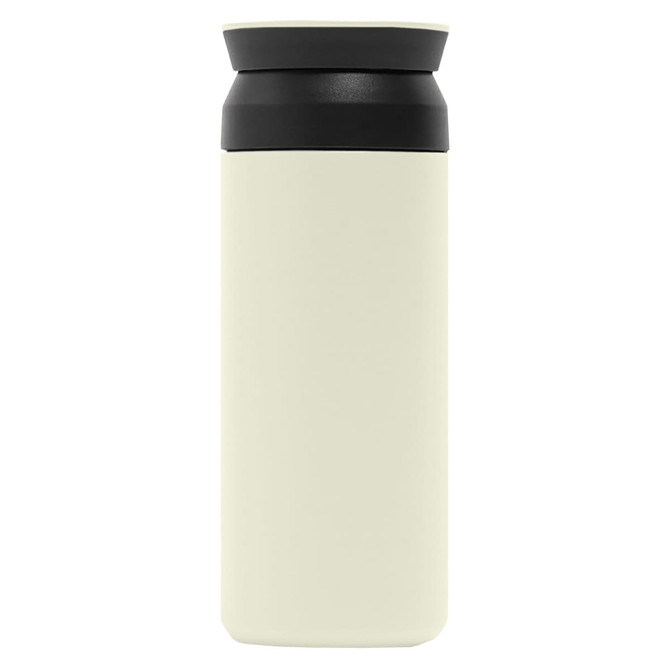 A drink bottle in a light cream colour with a black lid. It features a simple, sleek design and a logo.