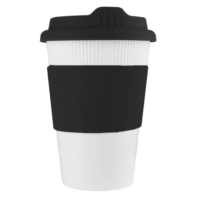 A drink bottle featuring a white body and a black silicone sleeve and lid, with a ridged design and a logo.