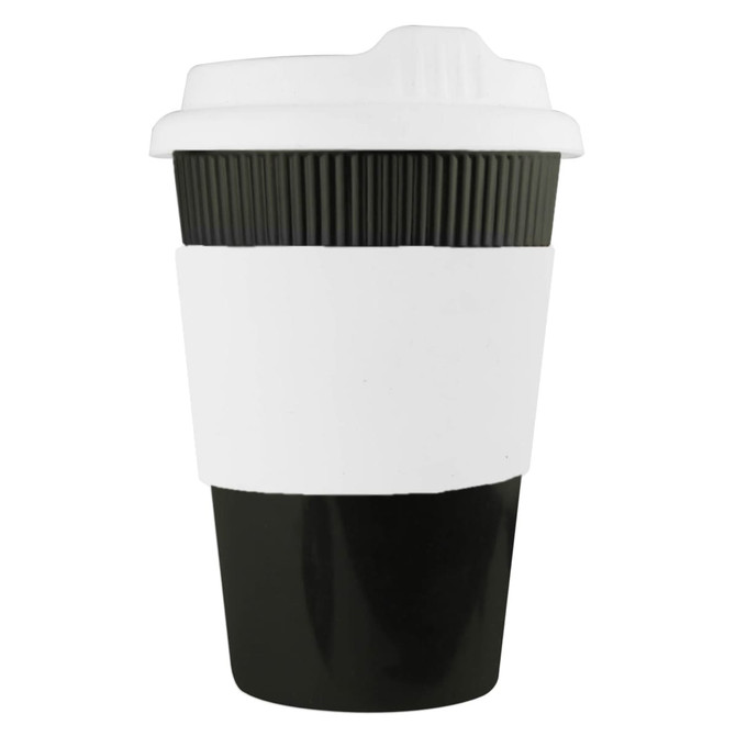 A drink bottle in black and white, featuring a ribbed sleeve and a lid, suitable for reusable coffee.