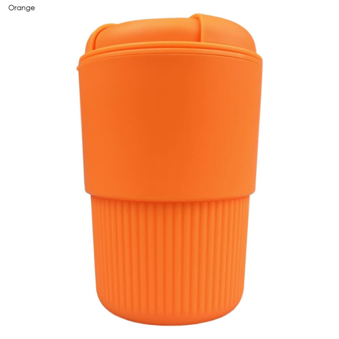 An orange reusable coffee cup with a ribbed design and a lid, featuring a logo.