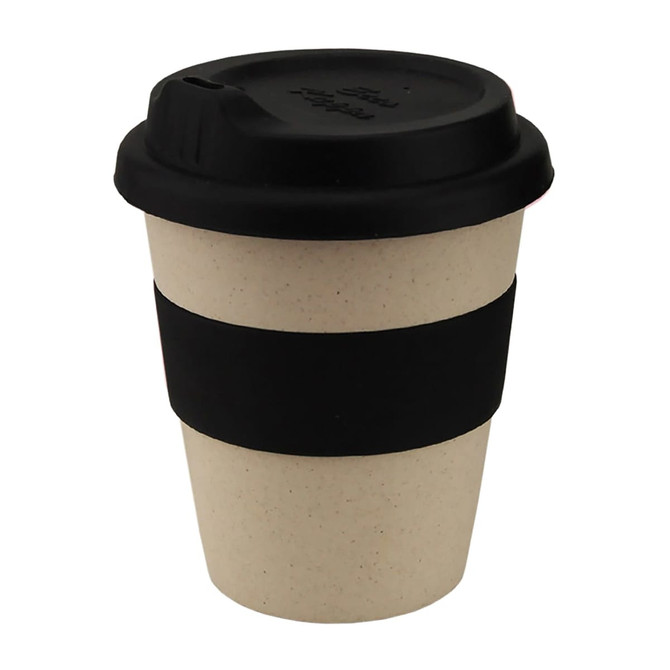 A reusable coffee cup in light tan with a black rubber sleeve and black lid, featuring a logo.