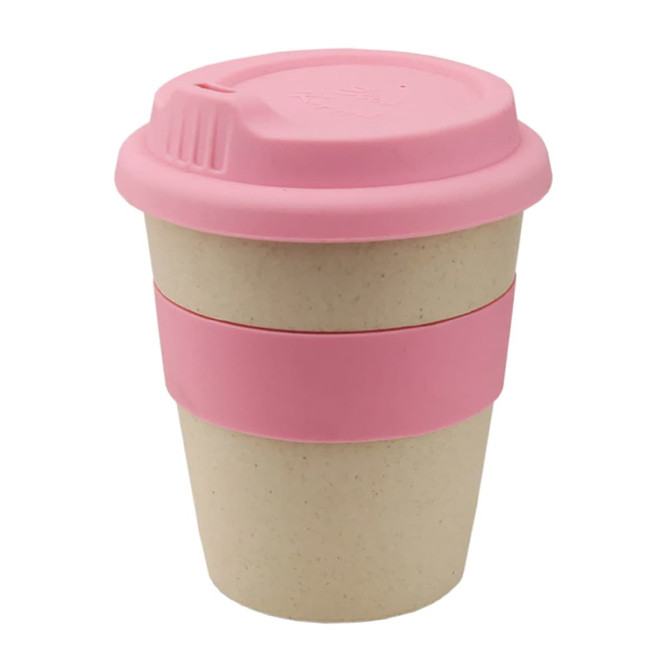 A reusable coffee cup in beige with a pink silicone band and lid, featuring a logo.