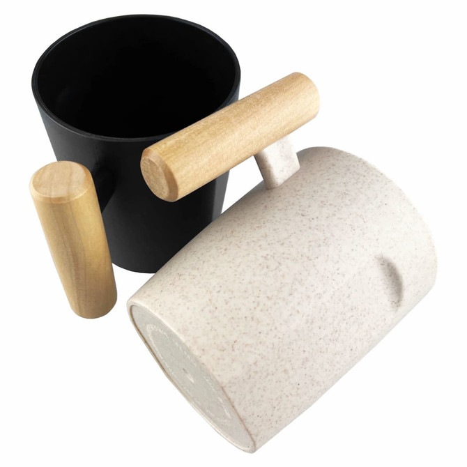 A reusable coffee cup in black and white with wooden handles, featuring a logo on the side.