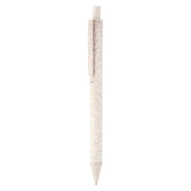 A white eco-friendly plastic pen with a clip. The pen has a textured finish and features a branding logo.