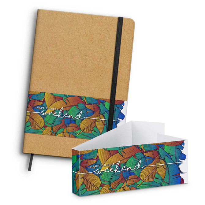 A Somerset cork notebook in a natural colour, featuring a vibrant, illustrated band with a floral design and branding.