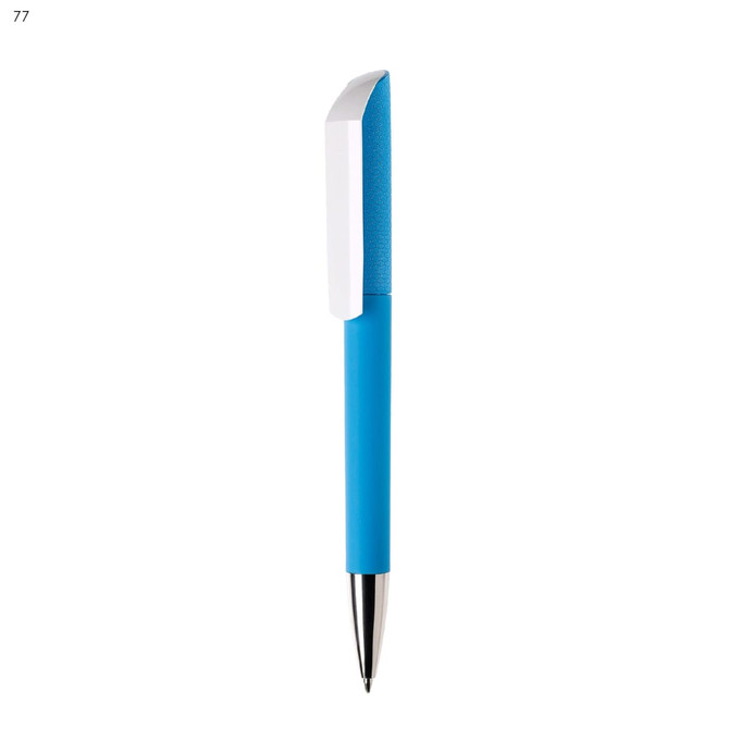 A blue plastic pen with a white cap and a silver nib, featuring a logo on the side.