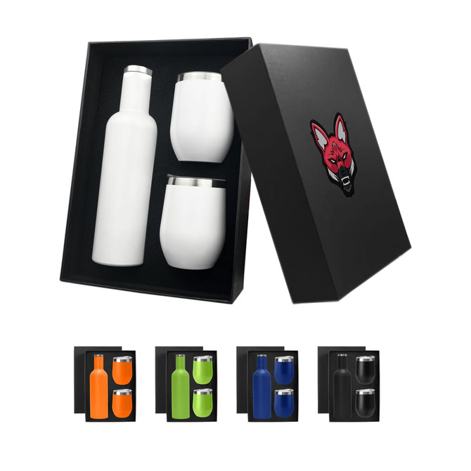 A drink bottle set featuring a white bottle and two cups in various colours, packaged in a black box with a logo.