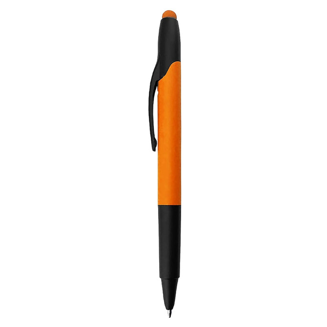 An orange and black stylus pen highlighter featuring a sleek design and a clip for easy storage.