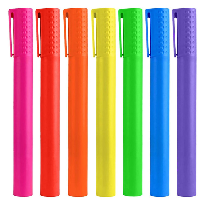 A set of jumbo highlighter pens in pink, red, orange, yellow, green, blue, and purple, featuring a textured grip and clips.