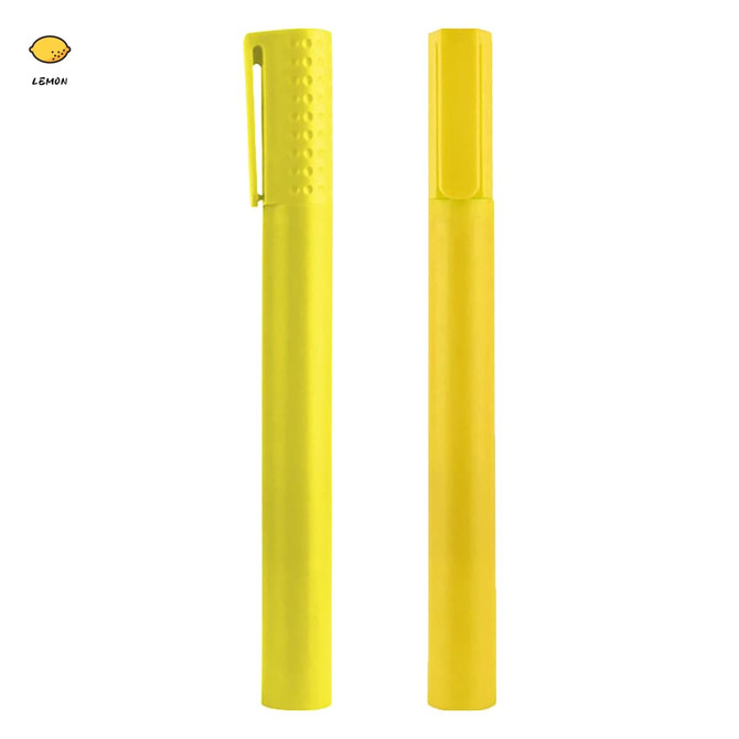 A bright yellow highlighter pen with a textured grip and a smooth body. The pen features a clip and has branding.