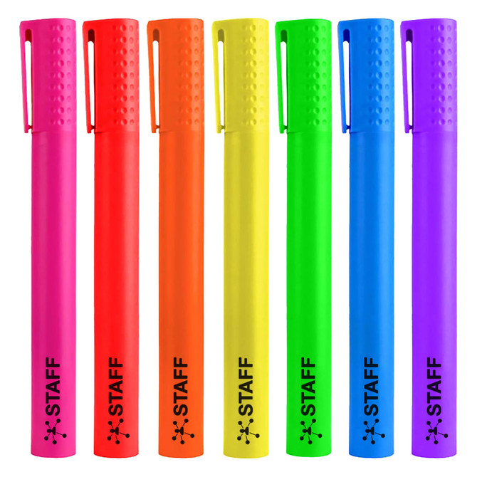 A set of eight jumbo highlighter pens in fluorescent pink, orange, yellow, green, and purple, featuring a logo.