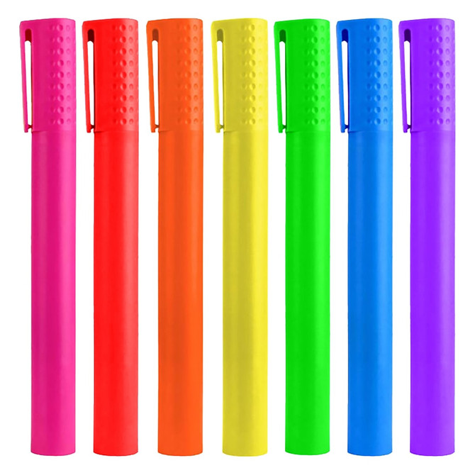 A selection of jumbo highlighter pens in pink, orange, yellow, green, blue, and purple, featuring textured grips and clips.