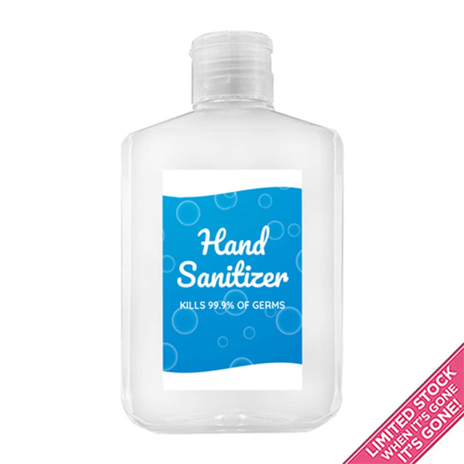 A clear bottle of hand sanitiser gel with a blue label, containing 75% alcohol. It has a logo on the front.