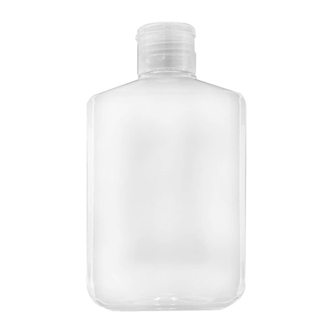 A clear plastic bottle with a screw-top lid, empty and rectangular in shape, suitable for hand sanitiser gel.