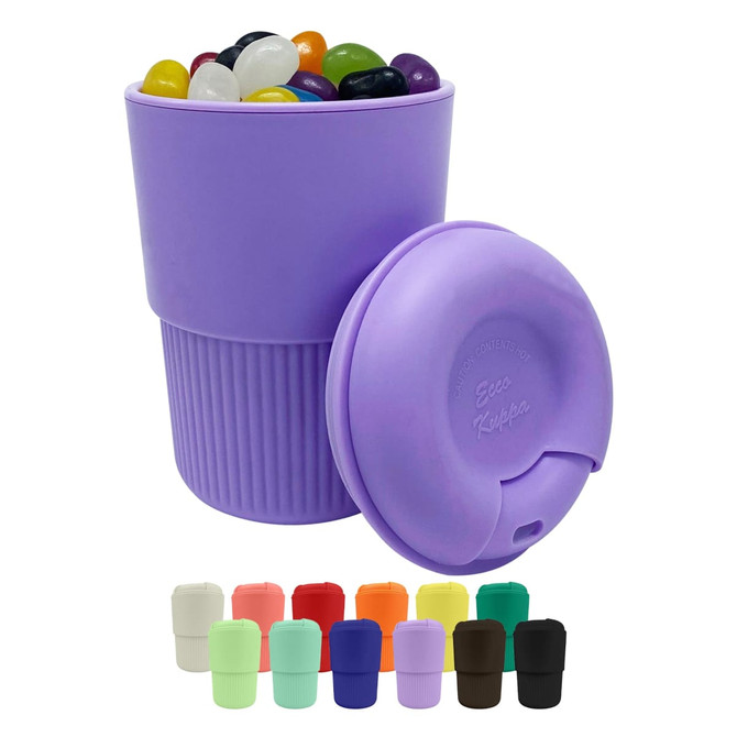 A reusable coffee cup in purple, filled with colourful jelly beans, with a matching lid, and featuring various colour options below.