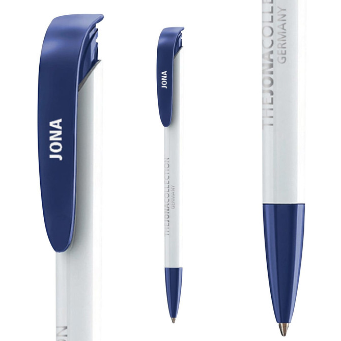 A plastic pen in blue and white with a clip and a branding logo.