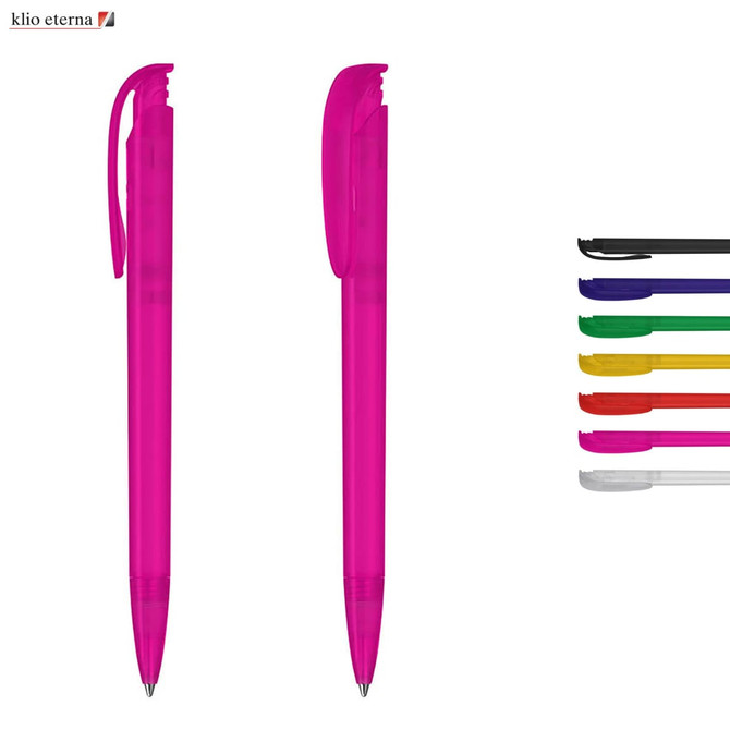Two pink plastic pens with matching caps, accompanied by a selection of pens in various colours. The image features a logo.
