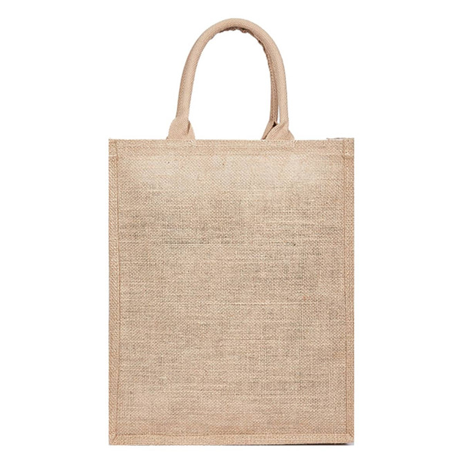 A jute bag in a natural beige colour with two sturdy handles and a blank surface. It features a logo.