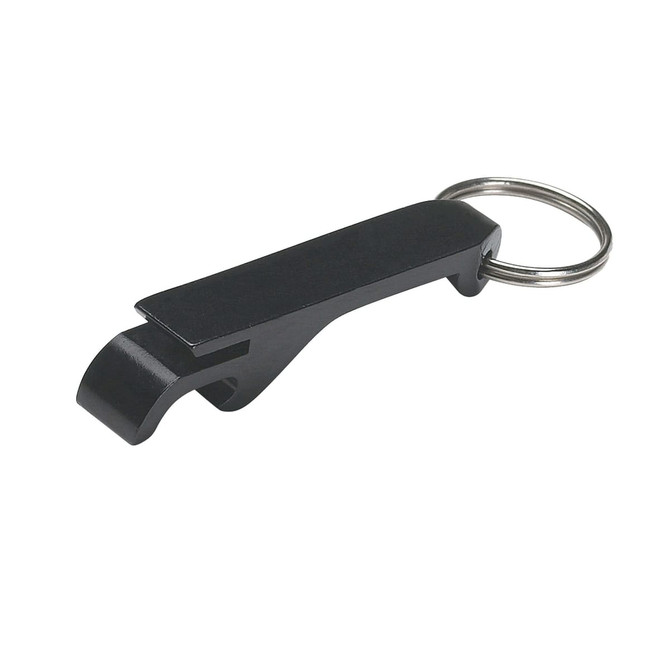 A drink bottle opener key ring in black with a metallic keyring attachment and a sleek design.