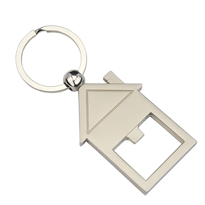 A drink bottle opener shaped like a house, featuring a silver metallic finish and a key ring attachment.