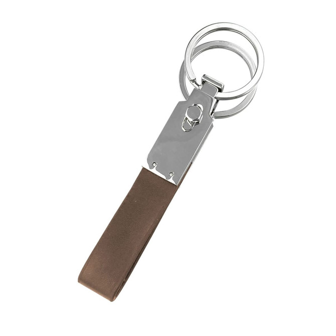 A brown keyring with a metal clip and two metal rings, featuring a sleek and modern design.
