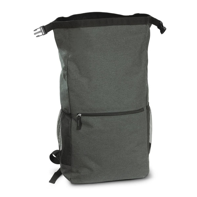 A grey backpack with a top closure, side mesh pocket, and a front zippered pocket, featuring a logo.