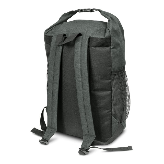 A Canyon Backpack in a dark, textured fabric featuring adjustable shoulder straps and mesh side pockets.