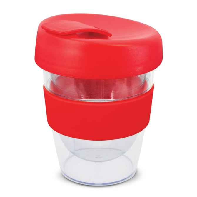 A drink bottle with a transparent body and a red lid and band, designed for portable use, featuring a logo.