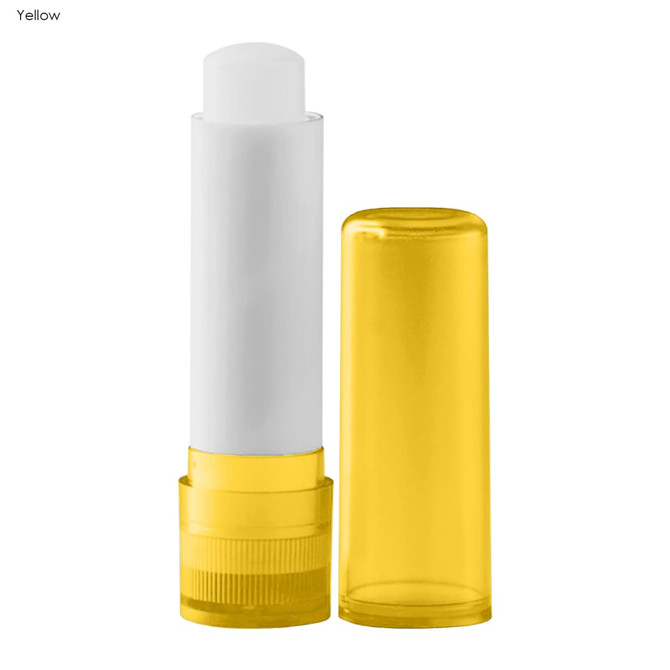 A lip balm stick with a white balm and a yellow cap and base, displayed beside its protective outer casing.