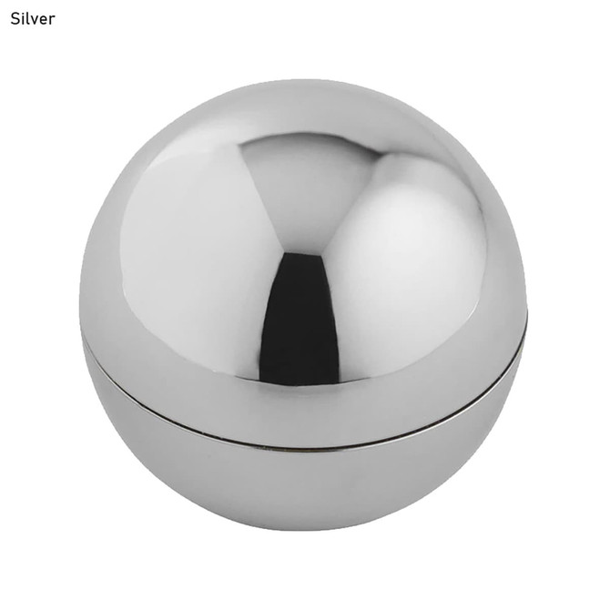 A silver spherical lip balm container with a polished surface and a removable lid. It features a logo on the top.