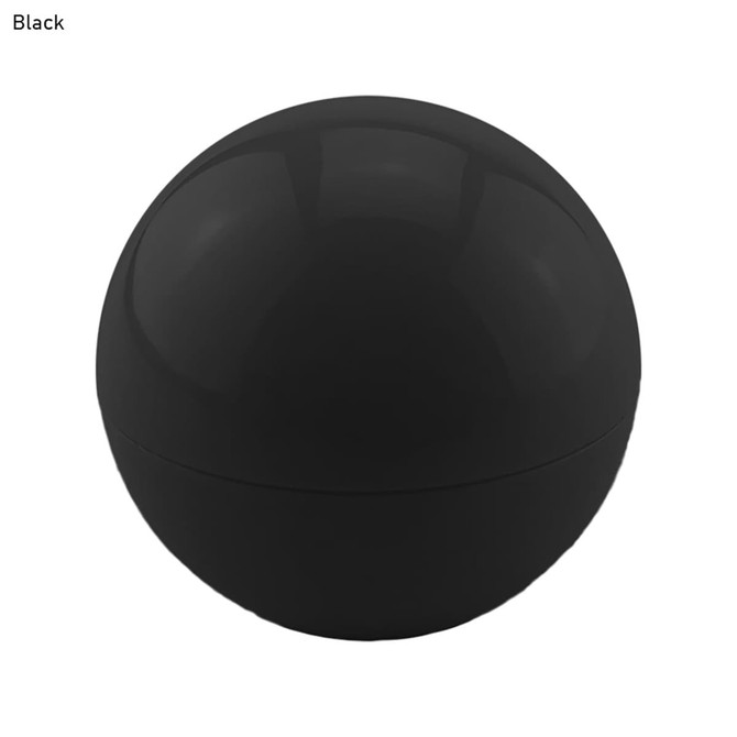 A black lip balm ball with a sleek, circular design and a logo on the surface.