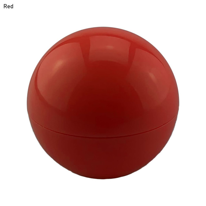 A round, red lip balm container with a glossy finish and a logo on the surface.