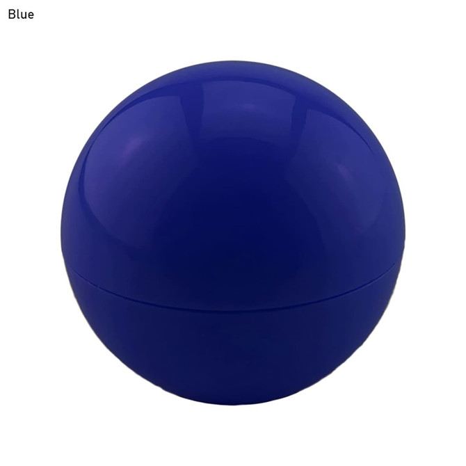 A blue lip balm ball with a shiny, rounded exterior and a branding logo on the surface.