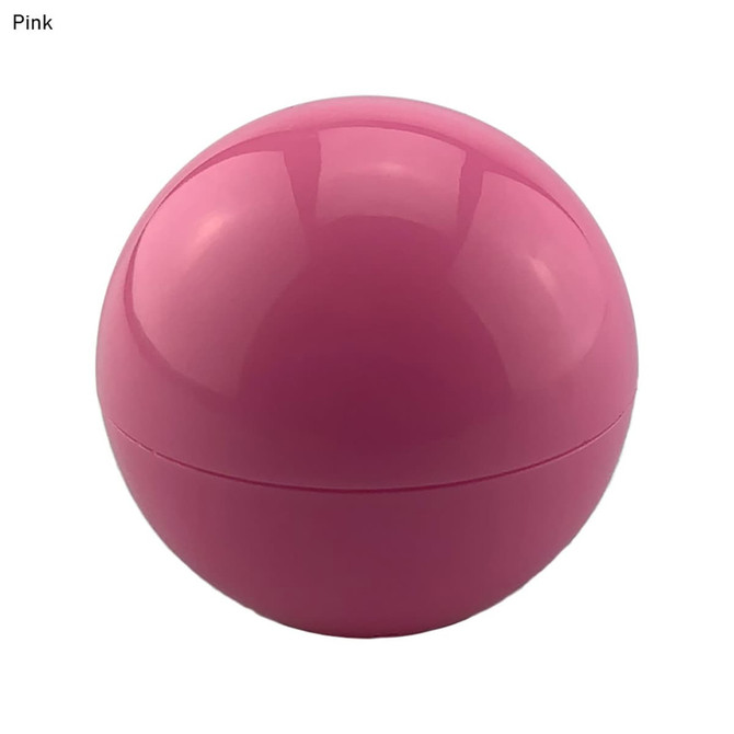 A pink, spherical lip balm container with a glossy finish and a branding logo on its surface.