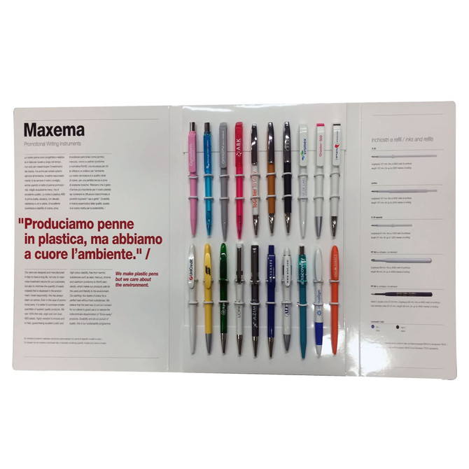 A display of various pens in different colours, arranged neatly on a presentation board with branding.