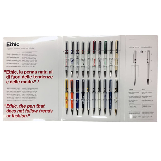 A display of various pens in multiple colours arranged neatly in a sample kit with a branding logo.