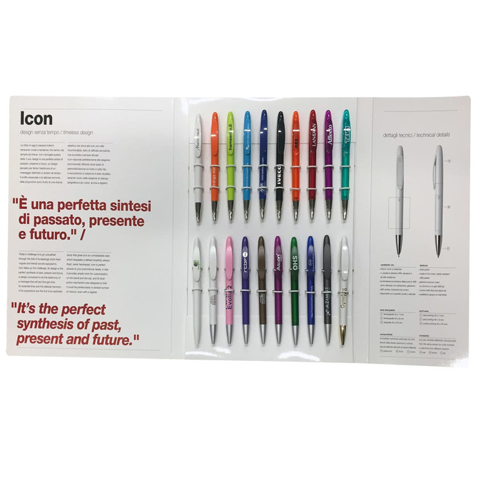 A promotional pen sample kit featuring a variety of multicoloured pens arranged neatly with a branding logo.