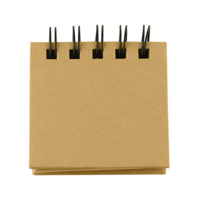 A square notepad in a brown finish with a black spiral binding on top. It features multiple pages.