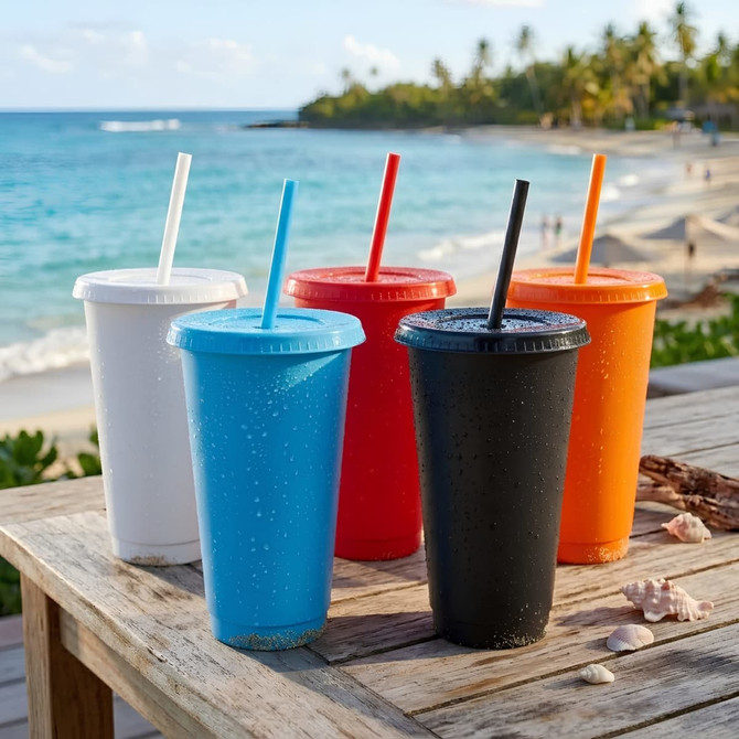 A collection of plastic tumblers in blue, white, red, orange, and black with straws, set against a beach backdrop.