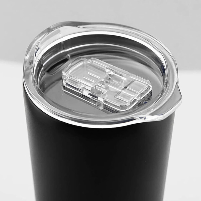 A travel mug in matte black with a clear, flip-top lid featuring a sliding closure.
